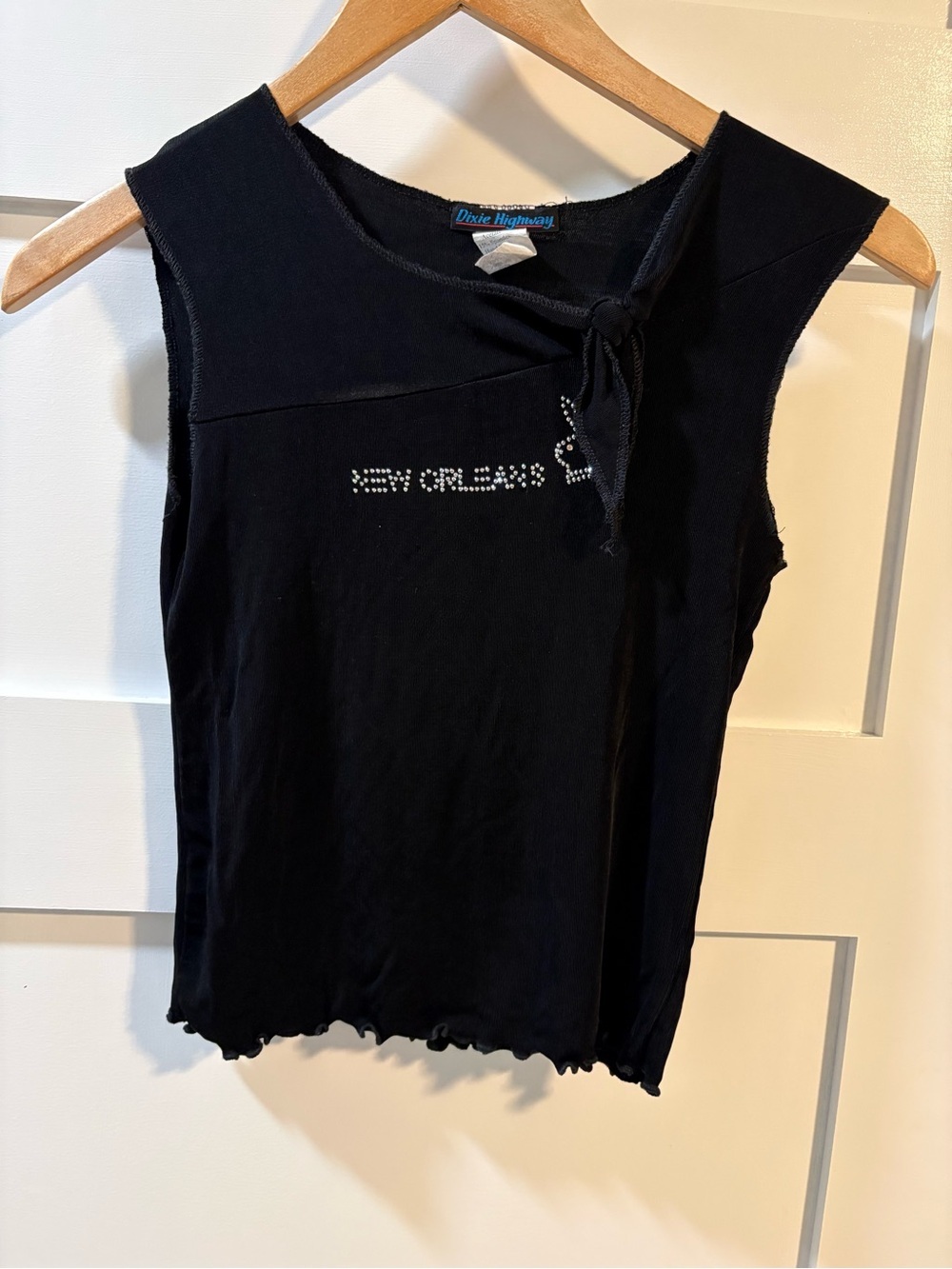 Dixie Highway Y2K Black Rhinestone Graphic Asymmetrical Tie Top Size S - Picture 2 of 5
